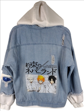Anime The Promise Neverland Blue Light Wash Distressed Button Up Hoodie Jacket